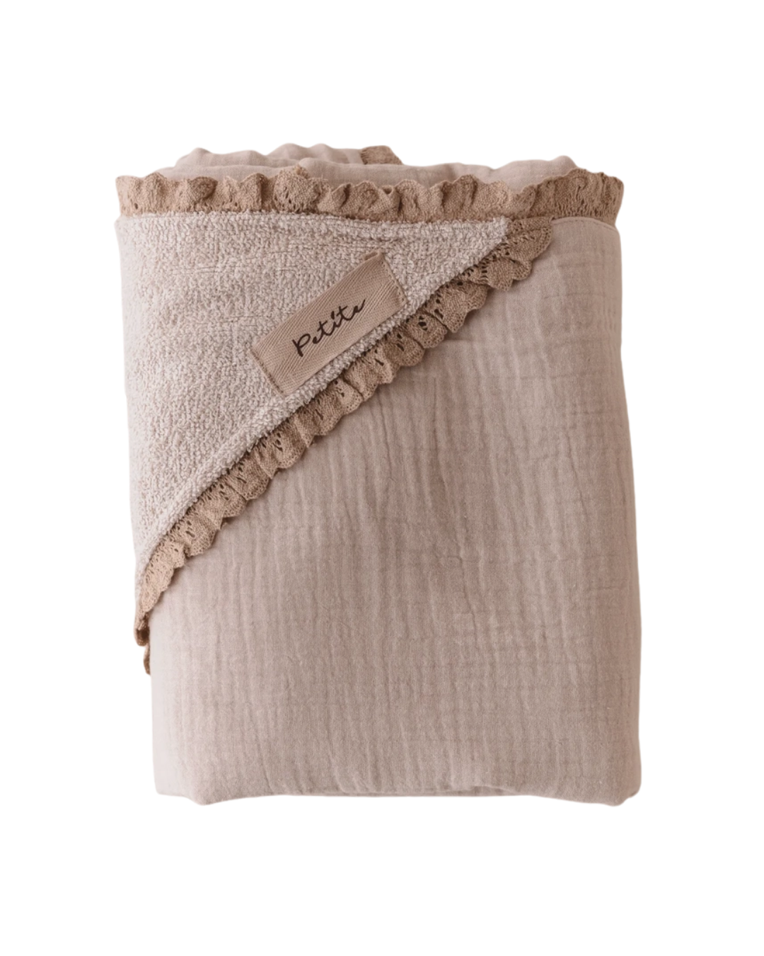 Asciugamano con cappuccio per bambini, beige chiaro con pizzo