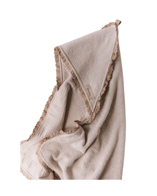 Asciugamano con cappuccio per bambini, beige chiaro con pizzo
