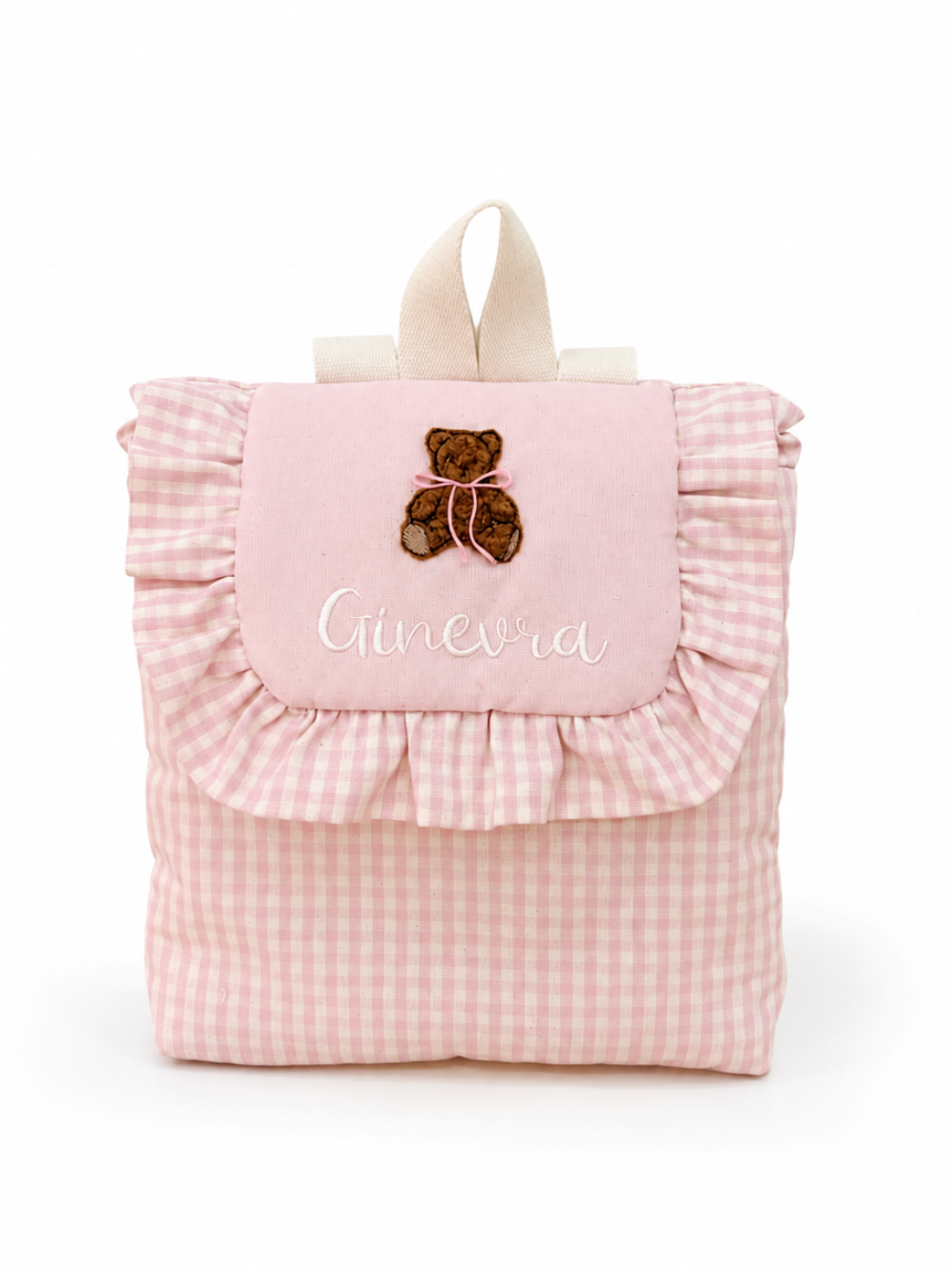 ZAINETTO PERSONALIZZATO QUADRETTI PANNA E ROSA - ORSETTO