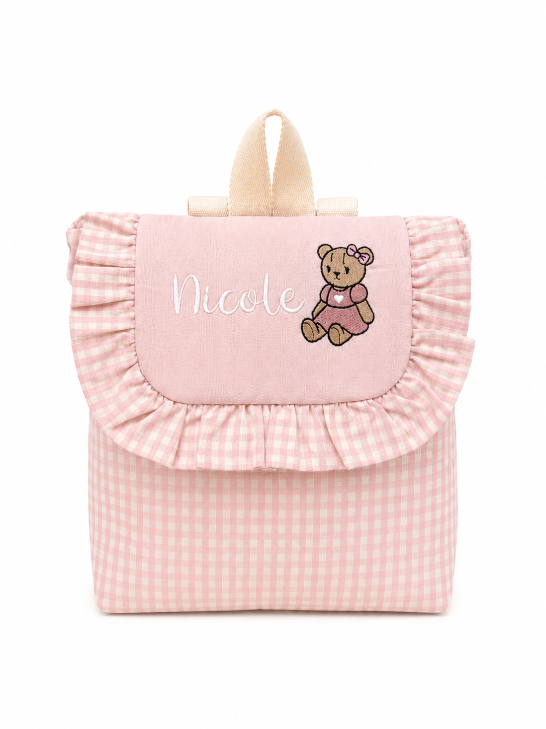 ZAINETTO PERSONALIZZATO QUADRETTI ROSA E PANNA + ORSETTA