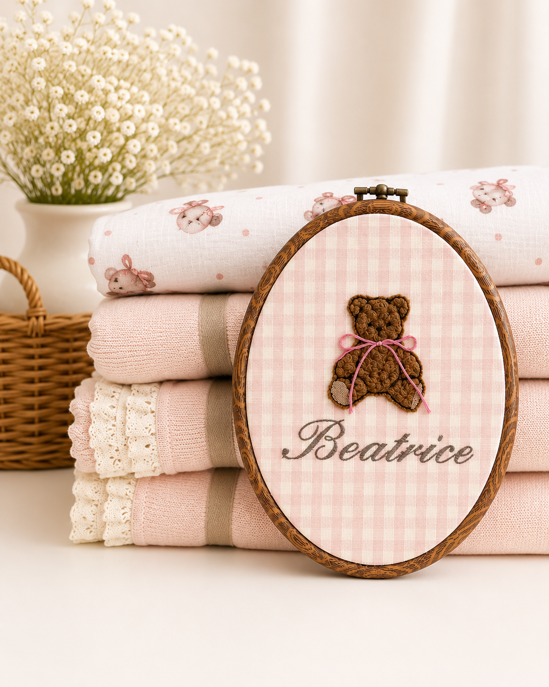 TELAIO RICAMATO PERSONALIZZATO QUADRETTI ROSA E PANNA